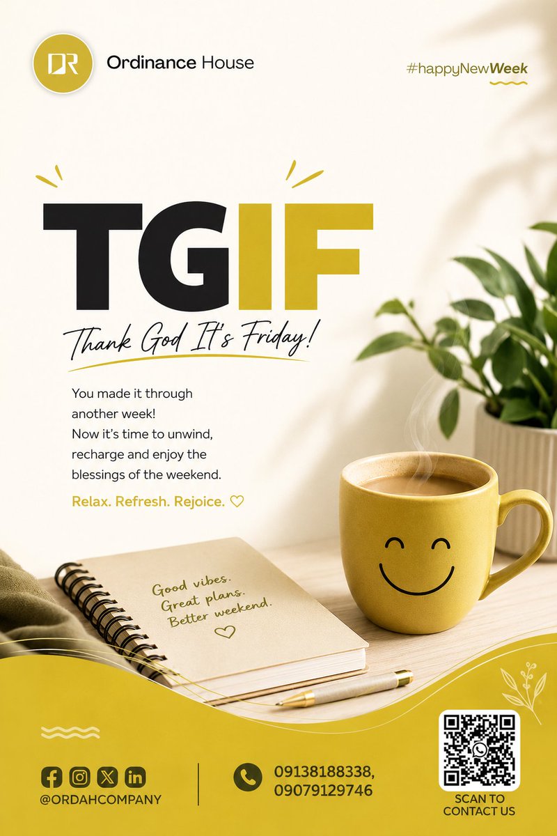 ordahouse's tweet photo. TGIF! 🎉

The week is done. Take a breath, recharge, and enjoy your weekend. 💛

Happy Friday from Ordinance House! 🌿

#TGIF #HappyFriday https://t.co/Y1ewlwNeOv