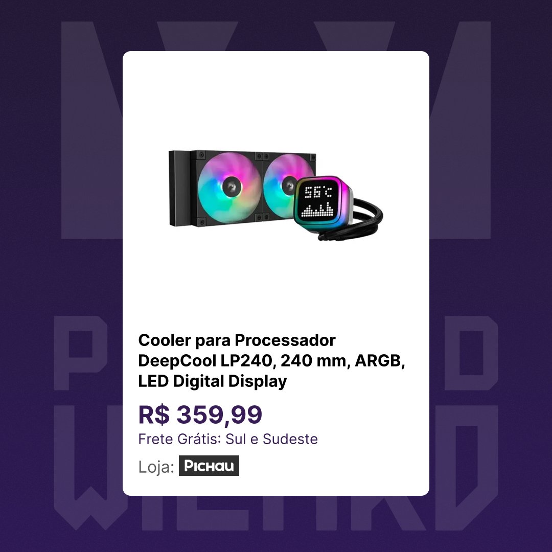 pcbuildwizard's tweet photo. DeepCool LP240, 240 mm, ARGB, LED Digital Display
R$ 359,99
Frete Grátis: Sul e Sudeste
Avaliação: ⭐⭐⭐⭐⭐
Loja: Pichau Informática
https://t.co/5u1KfXKNuk
Mediana dos preços de 90 dias: R$ 379,99

DeepCool LP360, 360 mm, ARGB, LED Digital Display
R$ 439,99
Frete Grátis: Sul e Sudeste
Avaliação: ⭐⭐⭐⭐⭐
Loja: Pichau Informática
https://t.co/FwdCUviBca
Mediana dos preços de 90 dias: R$ 479,99