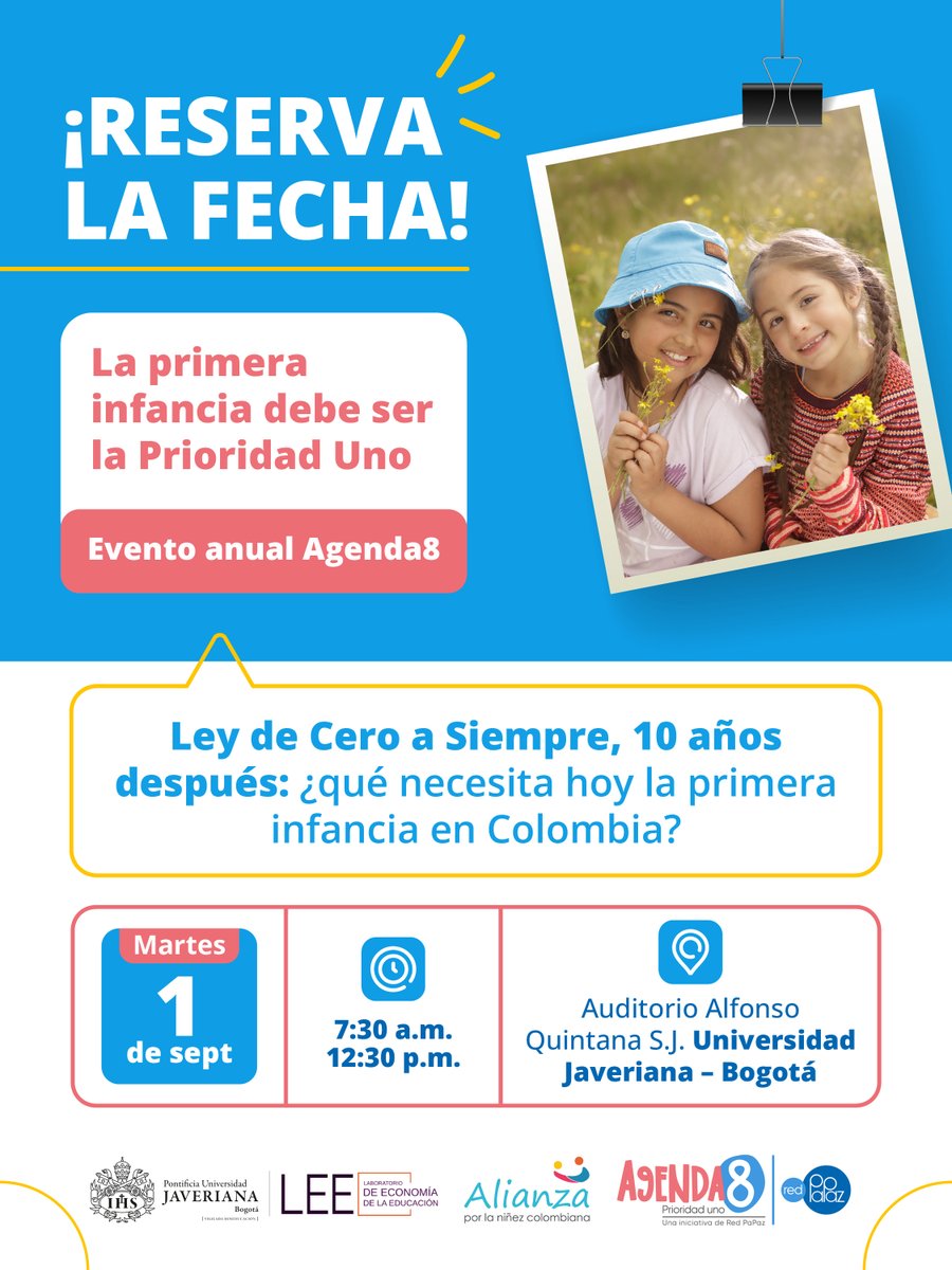 LEEJaveriana's tweet photo. Agéndate al evento por la primera infancia, con representantes del Gobierno Nacional, entidades territoriales, academia, cooperación internacional y sociedad civil.
🗓️1 de septiembre de 2026  - 7:30 a. m.
📍U. Javeriana Auditorio Quintana
✍️Inscripciones: https://t.co/pBgmCFe1A4 https://t.co/tz2pLmh6KC