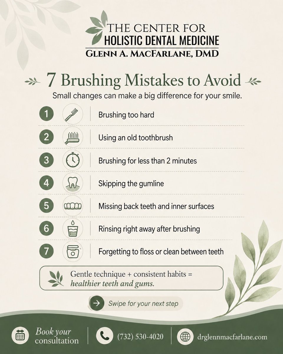 MacFarlaneDMD's tweet photo. 🦷 How you brush matters.

👉 Swipe to see 7 common brushing mistakes and learn simple ways to protect your teeth and gums.

📞 (732) 530-4020 | 💻 https://t.co/a7d01cDGIs

#BrushingTips #OralHealth #HolisticDentistry https://t.co/HFVdsOKQ2y