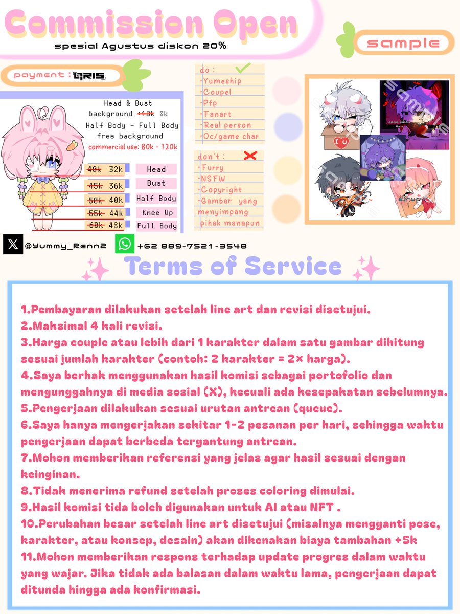 Yummy_Renn's tweet photo. OPEN COMMISSION (IDR)🖌️
 Sepesial bulan Agustus diskon 20% (URGENT)

Hai temen-temen semuanyaaa, aku butuh budget 400k buat bulan depan (September)ke psikolog + modal pulang pergi 👋🏻
bisa DM aku atau chat lewat wa ya teman-teman sekalian yang mau komis, makasih banyak semuanya 💕 https://t.co/ye1x61NKWS
