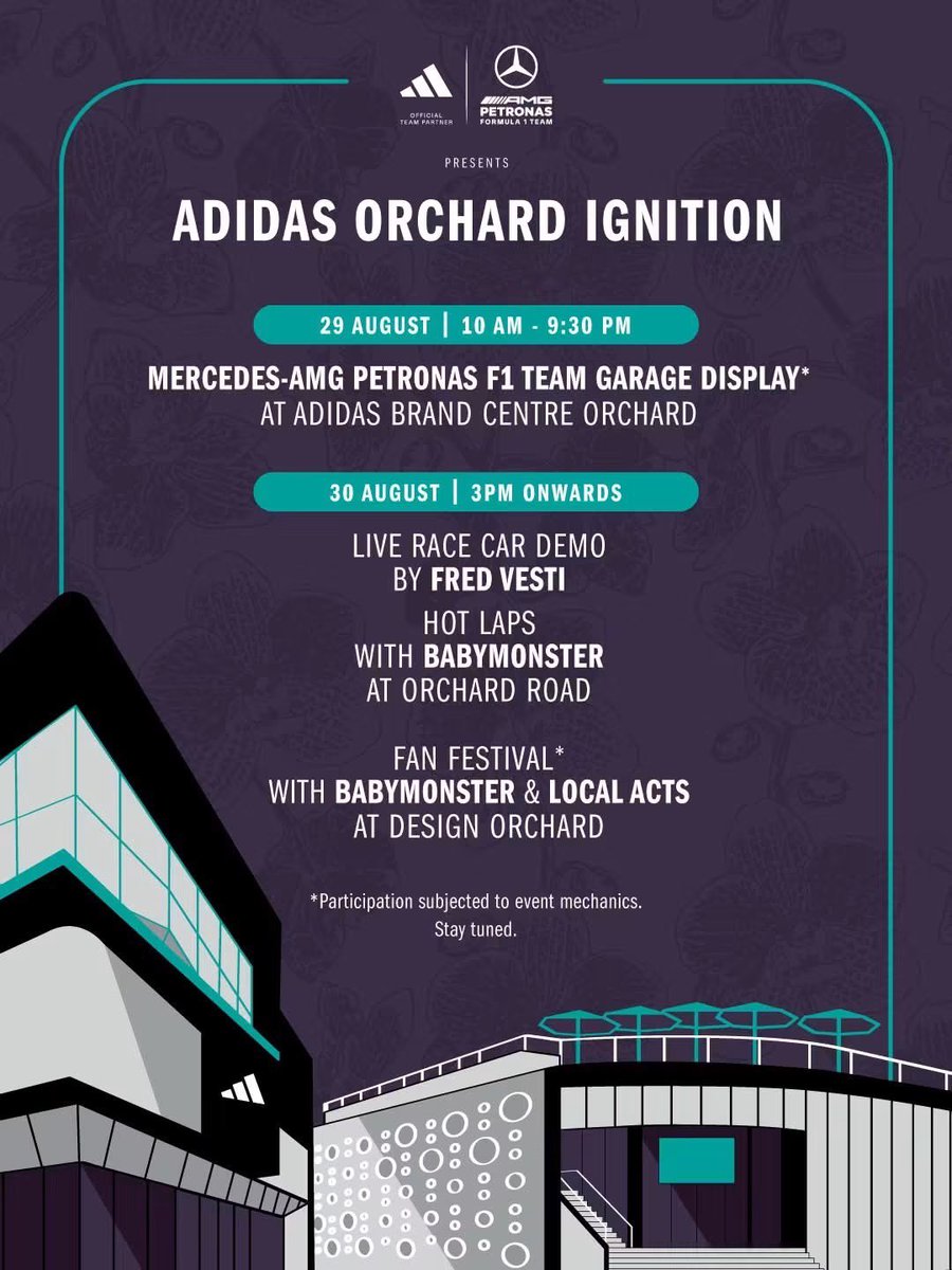 _CQTth's tweet photo. ADIDAS × Mercedes-AMG PETRONAS F1 Team จัดขึ้นที่สิงคโปร์ มีน้อง #CHIQUITA และสมาชิก #BABYMONSTER เป็นส่วนหนึ่งในงาน

🏁 ADIDAS ORCHARD IGNITION
📍 Orchard Road
📅 30 August 2026

🏎️ Live Race Car Demo โดย Fred Vesti
🔥 Hot Laps with BABYMONSTER 
🎤 Fan Festival & BABYMONSTER Fan Engagement ที่ Design Orchard