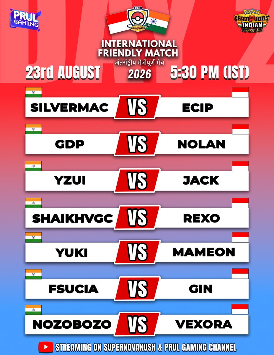PCIVGC's tweet photo. 🇮🇳 vs 🇮🇩
PCIL International Friendly Match 2026
Day 1 → 22 Aug
Day 2 → 23 Aug
🕔 Both at 5:30 PM IST
Live on SupernovaKush &amp; PRUL Gaming https://t.co/JNApXE4oc6