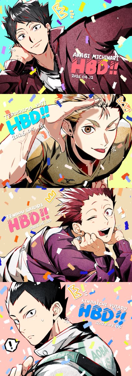 omg_genjitsu's tweet photo. HQお誕生日イラスト、当日気付けたら描くというのを初めてそこそこたまったのでまとめてみた🎂！カラフルで可愛い🥳！ https://t.co/HFQx9nIpcy