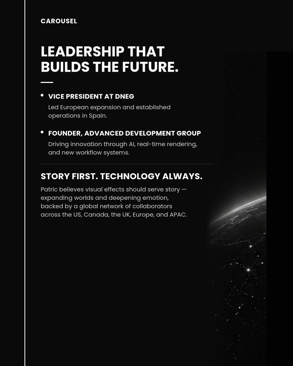 carouselstudio_'s tweet photo. Meet Patric Roos — CEO &amp; Co-Founder of Carousel Studio.

25+ years in VFX across DNEG, ILM, Framestore &amp; MPC, with credits on Transformers and The Avengers. His belief: technology should serve the story.

Now leading the next chapter at Carousel. 🎬

#VFX #CarouselStudio https://t.co/9kfc4XTLwJ