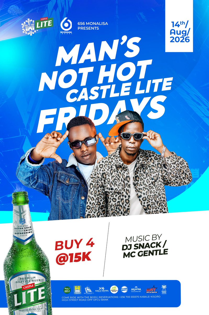 GentleMc256's tweet photo. 🔥 MAN’S NOT HOT — BUT THE PARTY IS! 🔥
Get ready for the hottest Friday vibes at 656 Monalisa! 🎶🔥
Great music, great company, and Castle Lite flowing all night! 🍻
📅 14th August 2026
🎧 DJ Snack | 🎤 MC Gentle
📍 Kabale
#MansNotHot #656Monalisa #CastleLite #KabaleNights https://t.co/1Ni7y7ZI1A