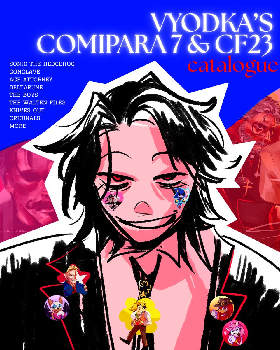 vyodkaa's tweet photo. the vodka catalogues.... 🥃
#CF23 &amp; #COMIPARA7 PO and Mail ?!?!?!
📍Pick Up Both Days
🎭 CF23 -- mid n evil Booth TBA
🎲 CMPR7 -- Mixcu (H-23)

Fandoms: Sonic, Conclave, Deltarune, Ace Attorney, Beastars, The Boys, TWF, Originals, more.

(1/2) https://t.co/4OhcmkHFBG