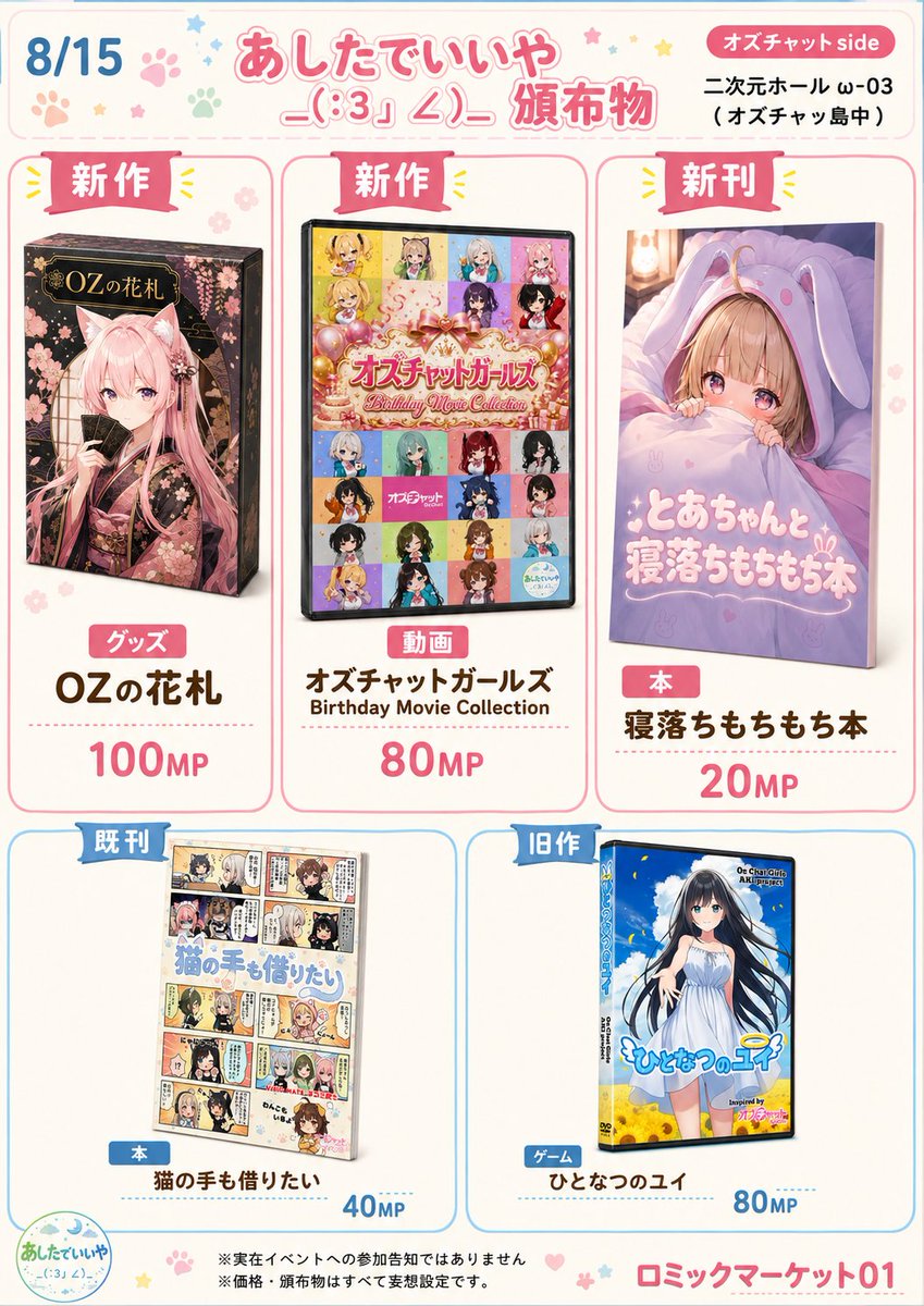 you_20250101s's tweet photo. 【ロミックマーケット01・1日目
　　　お品書き～オズチャットside～】

いよいよ明日、脳内で開催！
サークル「あしたでいいや_ (:3」∠)_」の配置は二次元ホール ω-03（オズチャッ島の島中）です！
（脳内で）お待ちしております！

……夏の即売会シーズンということで、
「もし同人サークルを立ち上げて参加したら……」という妄想でお品書きを作ってみました（笑）
※実在イベントへの参加告知ではありません。
※価格・頒布物はすべて妄想です。

#オズチャット