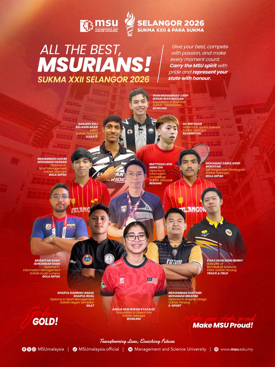 MSUmalaysia's tweet photo. From campus to the national stage, these #MSUrians are ready to make their mark! 🔥
Wishing them every success as they represent their respective states at SUKMA XXII Selangor 2026!
#MSUmalaysia #SUKMA2026
Let’s #go2MSU https://t.co/CptuKf8F6p