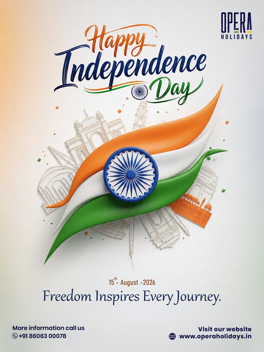 OperaHolidays's tweet photo. This Independence Day, Opera Holidays celebrates the pride, unity, and spirit of our nation.
Wishing everyone a proud and happy Independence Day! 🇮🇳
.
.
.
.
#OperaHolidays #IndependenceDay #HappyIndependenceDay #India #ProudlyIndian #80YearsOfIndependence https://t.co/HkDSa0tFT9