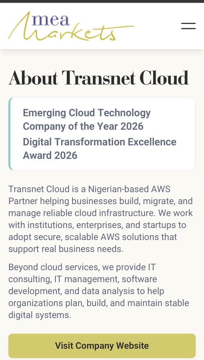 TransnetCloud's tweet photo. Two awards. One resilient team.

Transnet Cloud has been recognized (based on merit) at the 2026 Middle East and African Markets Excellence Awards as the Emerging Cloud Technology Company of the Year 2026 and the Digital Transformation Excellence Award 2026. 

We're proud. 🚀😇 https://t.co/oztQGtG4o4