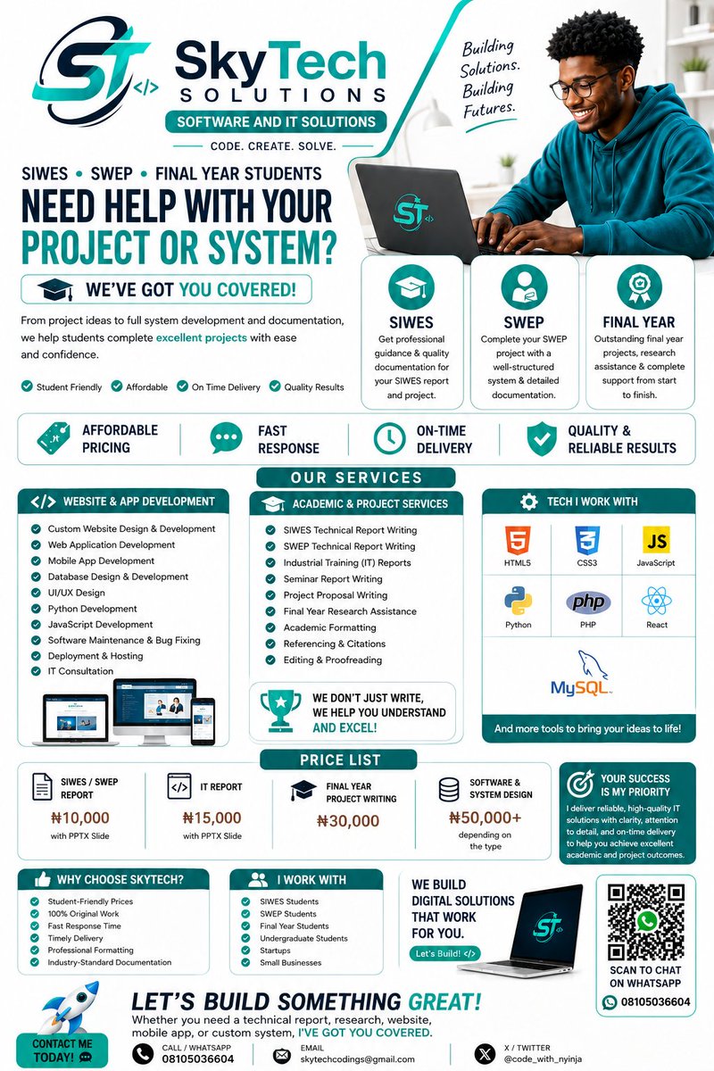 code_with_nynja's tweet photo. Introducing SkyTech Solutions!
We build practical software solutions for students, startups &amp; businesses. 💻
🎓 SIWES • SWEP • Final Year Projects
I'm open for patronage, referrals &amp; collaborations. 🤝
📞 08052738984
📧 skytechcodings@gmail.com https://t.co/wpGhIJRl31