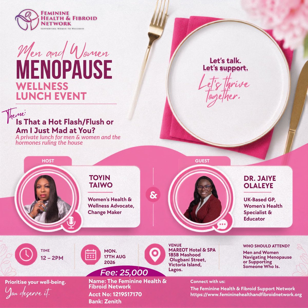 FhfSupport's tweet photo. 🔥 MENOPAUSE, BUT MAKE IT FABULOUS

Join Toyin Taiwo &amp; Dr. Jaiye Olaleye for an honest lunch conversation on menopause, hormones, relationships &amp; communication.

📅 17 Aug 2026 | ⏰ 12–2pm
📍 Victoria Island, Lagos
🎟️ ₦25,000 (limited slots)

Register: https://t.co/Rzan4xTBRf https://t.co/roCH5CcQjT