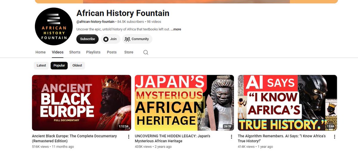 YoutubeFlipros's tweet photo. 🚨 Canal de YouTube con 9 pujas en Flippa

🌍 African History Fountain

📍 Nicho: Historia / Documentales
📺 98 vídeos | 84,5K subs
💰 +2.500$/mes de beneficio aprox.
🇬🇧🇺🇸 Audiencia Tier 1 UK/USA
📆 Canal con 12 años de antigüedad
💵 Precio actual: 21.293$

📈 Lo interesante:
• Contenido faceless
• Vídeos evergreen
• RPM alto
• Vídeos de +400K y +500K views
• Solo 98 vídeos publicados

El canal está centrado en historia africana poco conocida, especialmente documentales sobre civilizaciones, personajes y conexiones históricas que generan mucha curiosidad: desde la presencia africana en Europa hasta vínculos culturales con Japón. Lo que mejor le ha funcionado son precisamente esos temas con un ángulo de “esto no te lo contaron así”, empaquetados con títulos muy directos y miniaturas potentes. Y es un formato bastante replicable: puedes coger la misma lógica y llevarla a español, francés, portugués o alemán, buscando historias locales poco explotadas, temas controvertidos pero documentables y contenido evergreen que siga recibiendo visitas meses después.