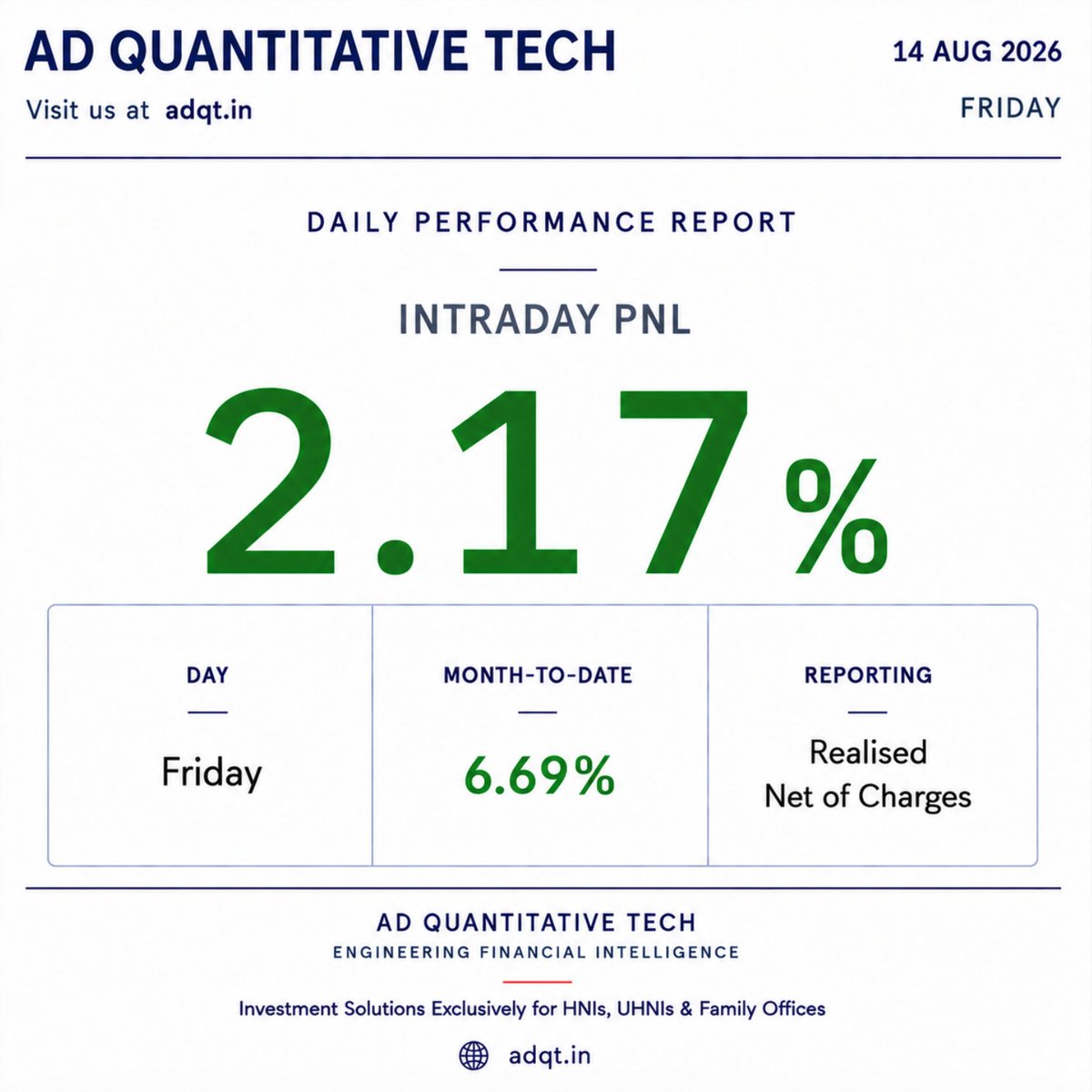 AD_QTECH's tweet photo. Daily Performance Report
Performance for the trading session (14-08-26) is attached below.
#ADQuantitativeTech
Visit us at π https://t.co/ky3ZtkU0TR
