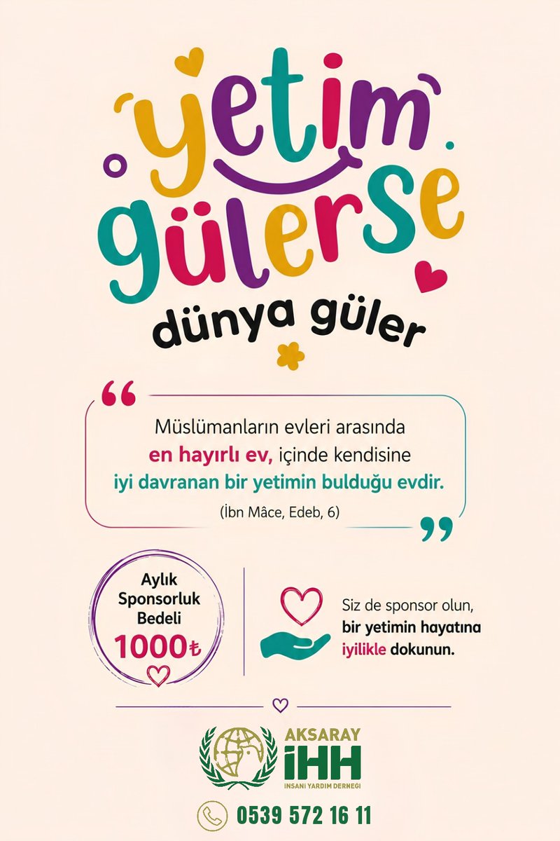 IHHAKSARAY's tweet photo. Bu cuma, bir yetimin hayatına umut olalım.
Onların yalnız olmadığını hissettirelim, geleceğine birlikte destek olalım.

Bir yetimin aylık sponsorluk bedeli: 1000 TL
🕊️ Bir yetime sponsor olmak için: 
📷539 572 16 11 https://t.co/298LrvQQZP