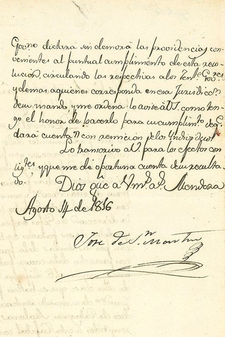 MalvinasData's tweet photo. 📩 #CartaConHistoria 📚
Hace 210 años, el 14 de agosto de 1816, el general José de San Martín desde Mendoza solicitaba para el esfuerzo de guerra trasladar a condenados en cárceles de Patagones y Malvinas a Buenos Aires, para hacerlos "útiles al Estado".

#Malvinas44 🇦🇷 https://t.co/YudCHLNqiT