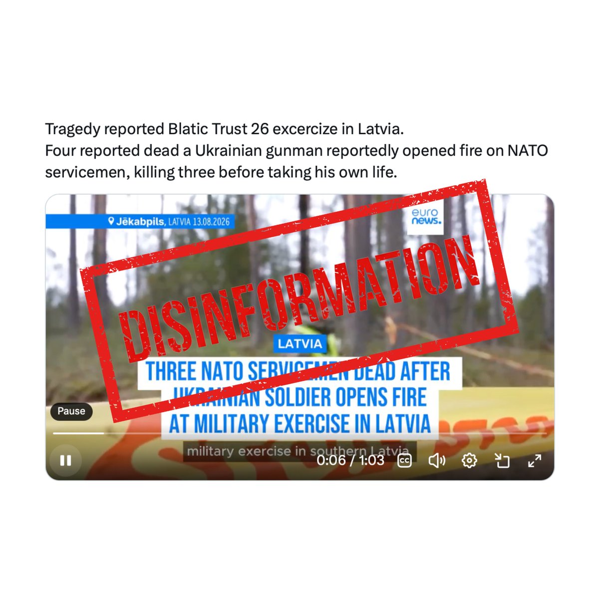 MoD_Latvia's tweet photo. ❗️Reports are circulating in the information space alleging the deaths of servicemembers during Exercise “Baltic Trust 26”.

We confirm that this is a coordinated disinformation campaign — no such incident has occurred, and the exercise is proceeding as planned. This is yet another blatant attempt to discredit the Latvian Armed Forces and NATO.

#RussiaAlwaysLies

From 3 to 14 August, Exercise “Baltic Trust 26” took place at the Sēlija Training Area, bringing together approximately 650 participants from Latvia, other NATO Allies and partner countries, including Ukraine, Australia and Japan.

#BalticTrust #disinformation