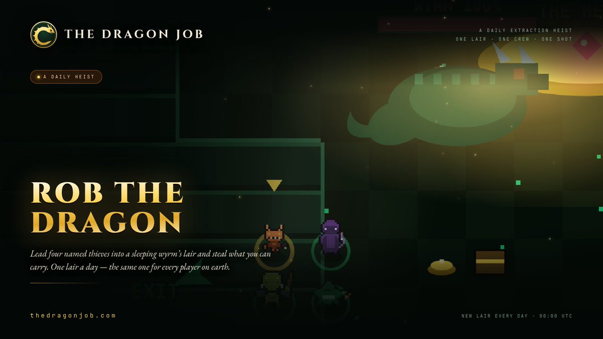 TheDragonjob's tweet photo. A dragon sleeps on a pile of gold.
You have four thieves and one night. Every coin you take wakes it a little.
Same lair for every player on earth. New one at 00:00 UTC.
https://t.co/bYqSajaWmF https://t.co/uczx99hHoQ