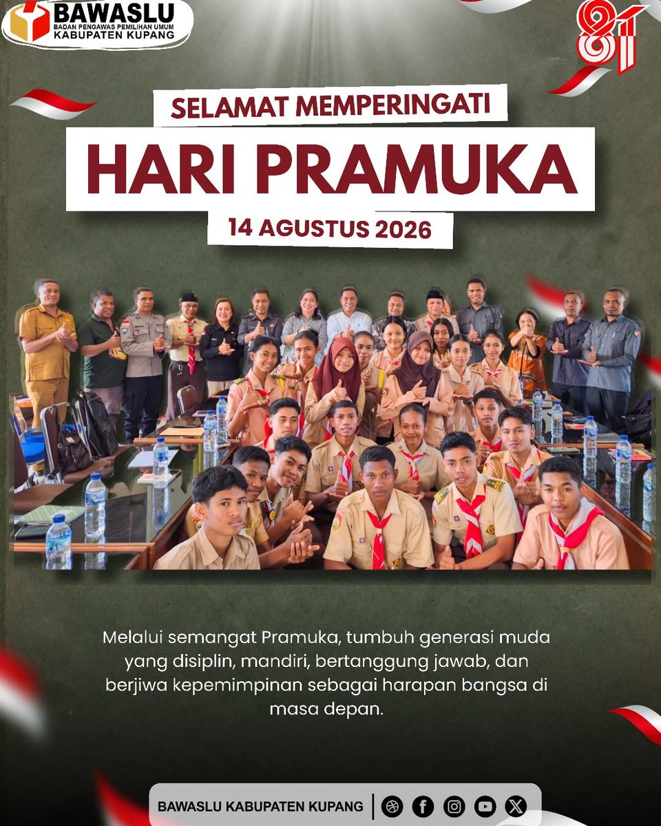 bawaslu_Kupang's tweet photo. Selamat Hari Pramuka ke-65! 🏕️
Mari wujudkan generasi muda yang disiplin, mandiri, berintegritas, dan cinta tanah air.
Pramuka Hebat, Indonesia Kuat! 🇮🇩
#Bawaslu #BawasluKupang #BawasluNTT https://t.co/U7PxIWvnF4