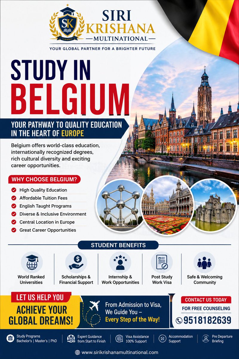 SiriKrishanaMN's tweet photo. SiriKrishana Multinational Study in Belgium #StudyInBelgium #StudyAbroadBelgium #StudyInBelgium2026 #BelgiumEducation #BelgiumUniversity #KULeuven #GhentUniversity #UniversityOfAntwerp #StudyInEurope #SiriKrishanaMBBSabroad https://t.co/LUqYm2TrDH
