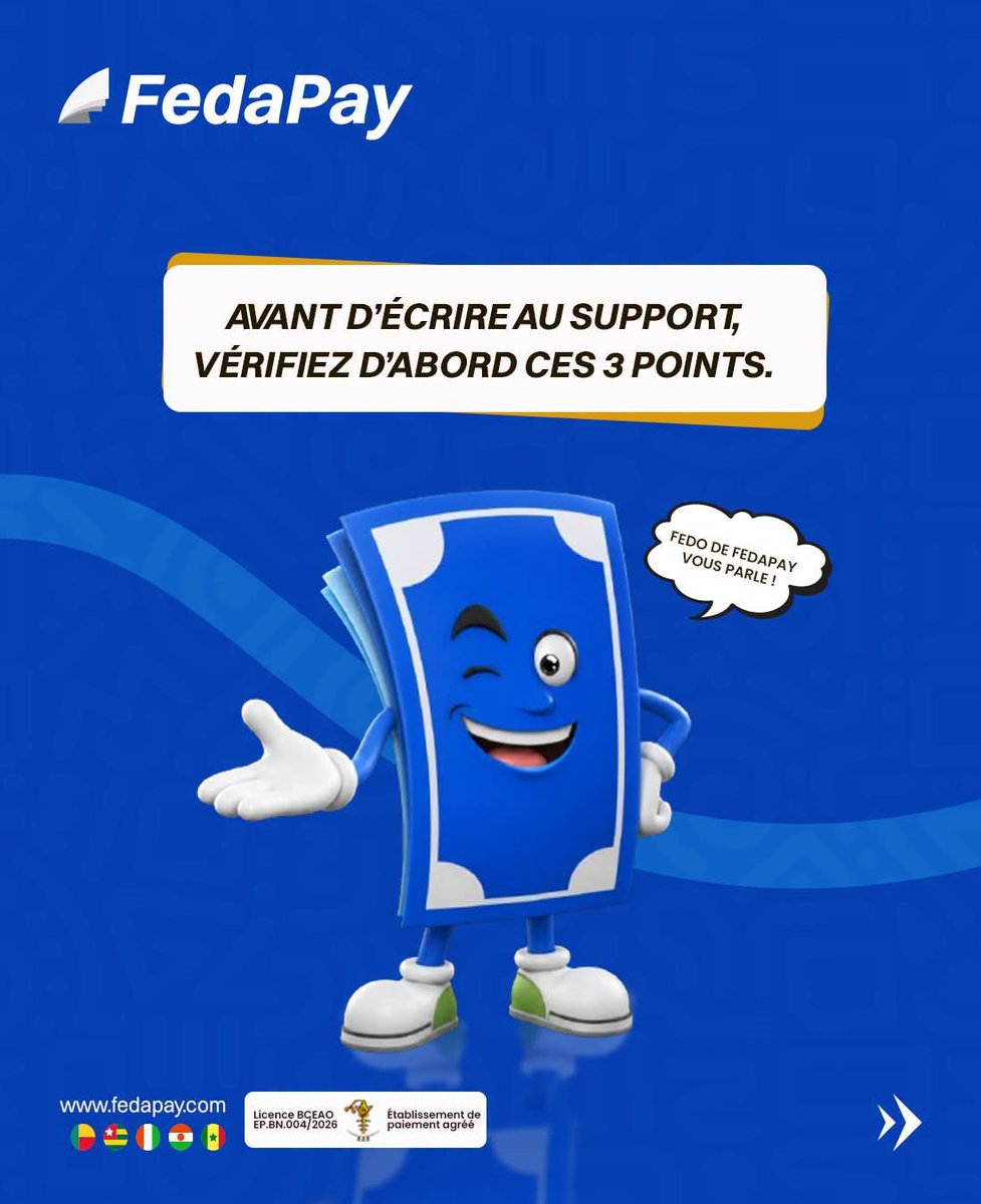 fedapay's tweet photo. Avant d’écrire au support, faites ces 3 petites vérifications 👇

Et si vous avez toujours besoin d’aide, notre équipe est disponible du lundi au vendredi, de 8h à 18h GMT.

📲 WhatsApp : +229 01 99 45 11 11
📩 support@fedapay.com

#FedaPay #SupportFedaPay #PaiementEnLigne https://t.co/U6cGTf1M3T