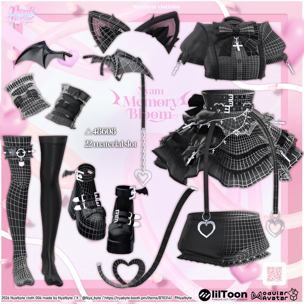 Nya_byte's tweet photo. .      -⋆♱  #Nya_byte 新作衣装  ♱⋆-
💗━┈Nyam Memory Bloom ┈ ━💗

 可愛く、できるだけ軽量に！を目指して
ポリゴン数約△49000に収めました💌
髪、素体のみのショコラに着せた時の
ダウンロードサイズは21MBほどに🍫💓

ꉂ📢 明日 18:00~ 発売です🙇‍♂️🎀

#VRChat https://t.co/GVkjoE8rT8