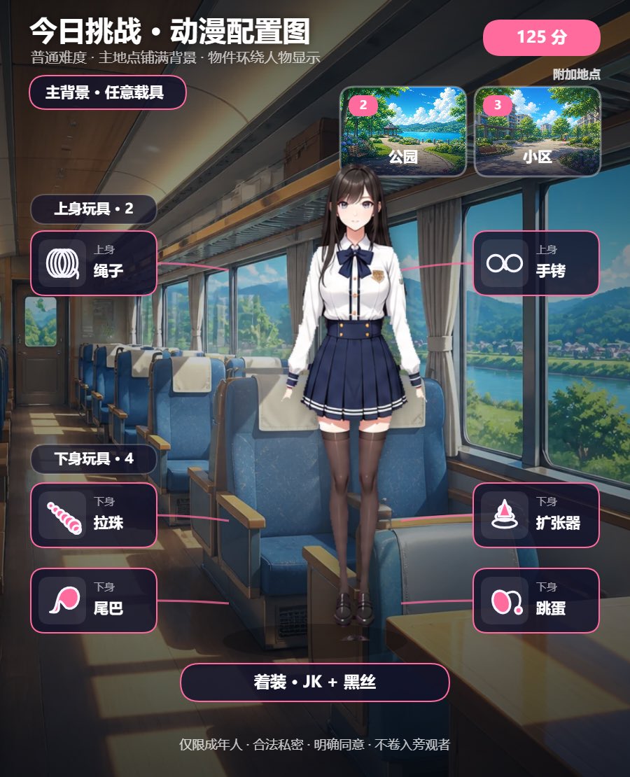 tianyouACR's tweet photo. 今日露出配置选择（密码ACR2026）
先看清任务困难度介绍❗️
通过完全随机的难度 地�� 上下半身玩具 着装来搭配一个露出的配置 
展示图如⬇️
不是最终稿 欢迎提出建议 任何提出被采纳的建议都可以领一杯奶茶 
链接如下 原文件要的可以私

https://t.co/BCsFIRCBo4

#露出 #任务 https://t.co/5d7hROoRHe