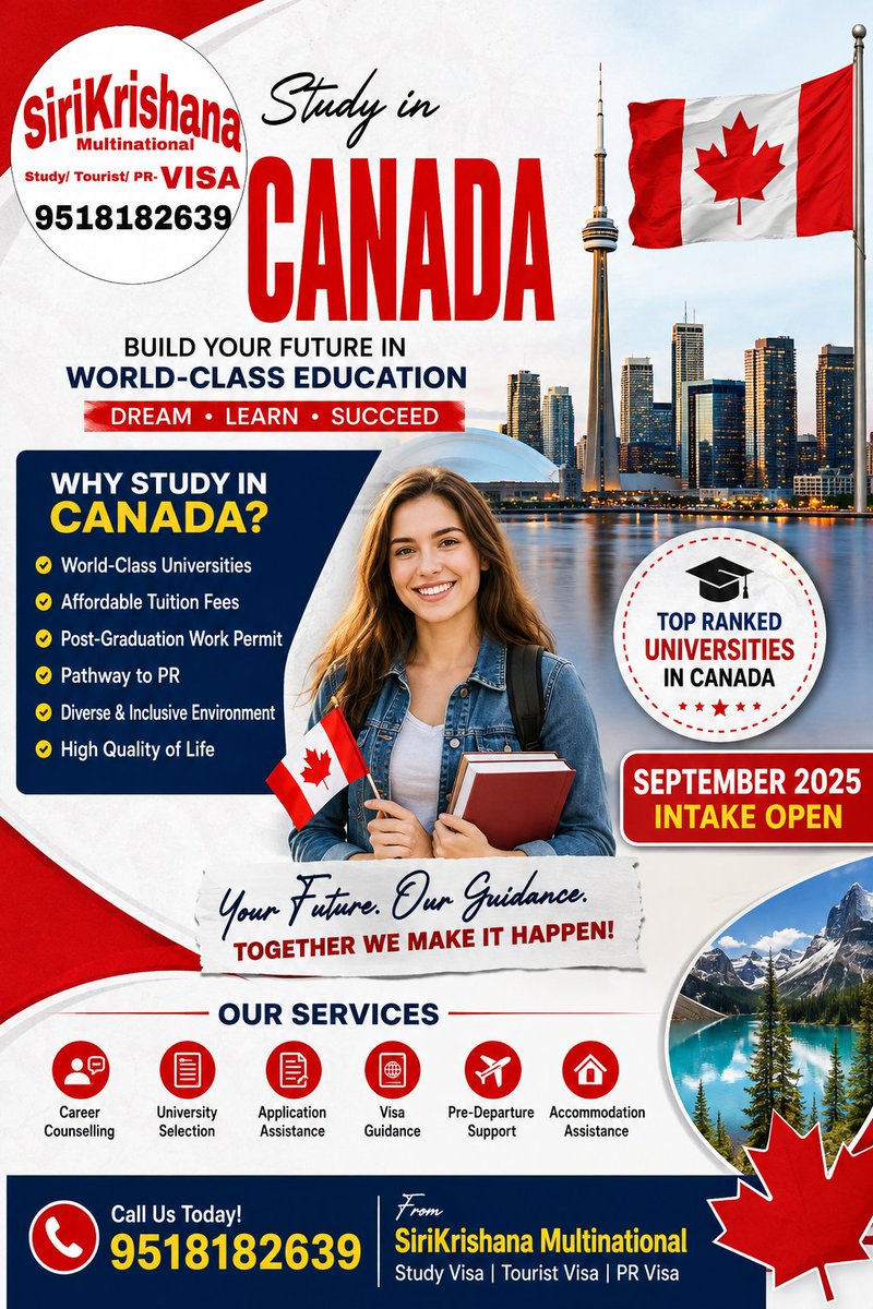 SiriKrishanaMN's tweet photo. SiriKrishana Multinational Study in Canada #StudyInCanada #StudyAbroadCanada #StudyInCanada2026 #CanadaEducation #CanadaUniversity #UniversityOfToronto #UBC #McGillUniversity #InternationalStudentsCanada https://t.co/wHqkcqT8Vm