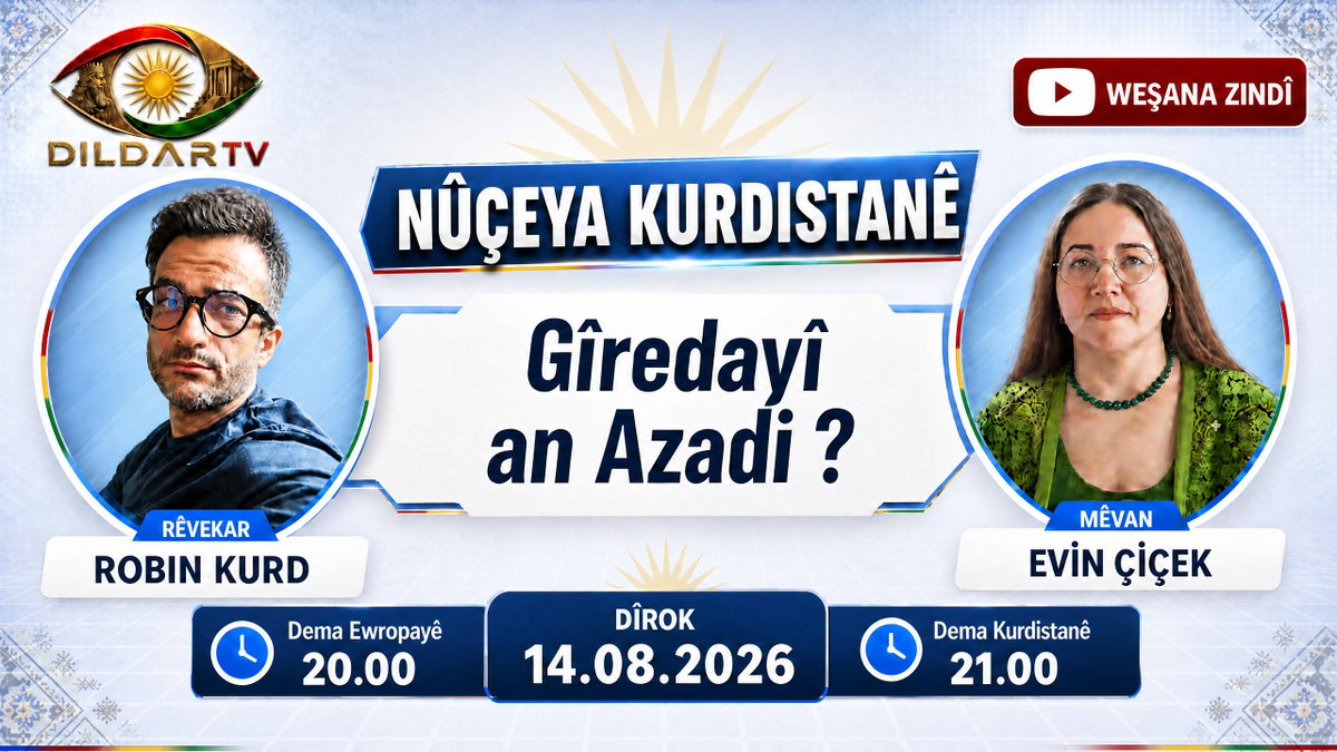DILDAR_TV's tweet photo. Aştî çi qas rastîn e, çi qas amûrek ji bo demqezenckirinê ye? 🎙️

Mêvana vê hejmara Robîn Kurd, rojnamevan Evîn Çiçek e
Em li benda hemûyan in
https://t.co/3mBC5Ig8tY
#Aştî
#AştîÇiQasRastînE
#AştîAnDemqezenckirin
#Kurdistan
#KurdistanGündemi
#EvînÇiçek
#RobînKurd
@Nicio_problema https://t.co/FC3hI5kZTM