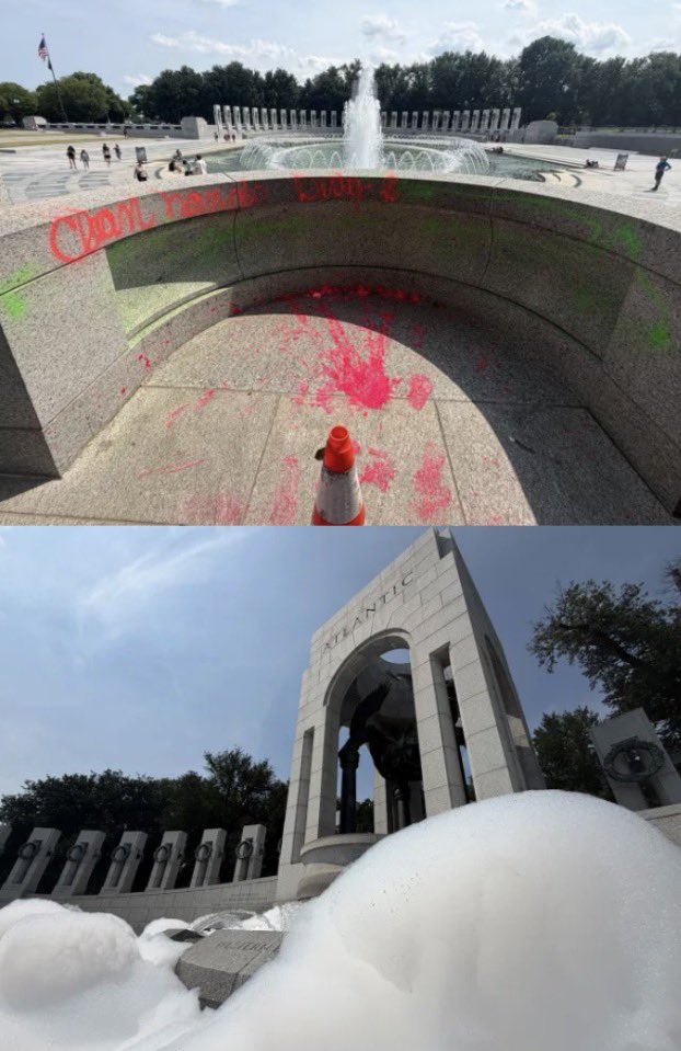 jammles9's tweet photo. “Clean hands dirty money”

This is what leftists spray-painted on the World War II Memorial in Washington, D.C.

They also dumped soap into the fountain, causing it to overflow with bubbles.

This memorial is supposed to be a sacred place honoring the Americans who served in World War II especially the more than 400,000 who never came home.

Whatever your cause, desecrating a memorial to their sacrifice is evil.