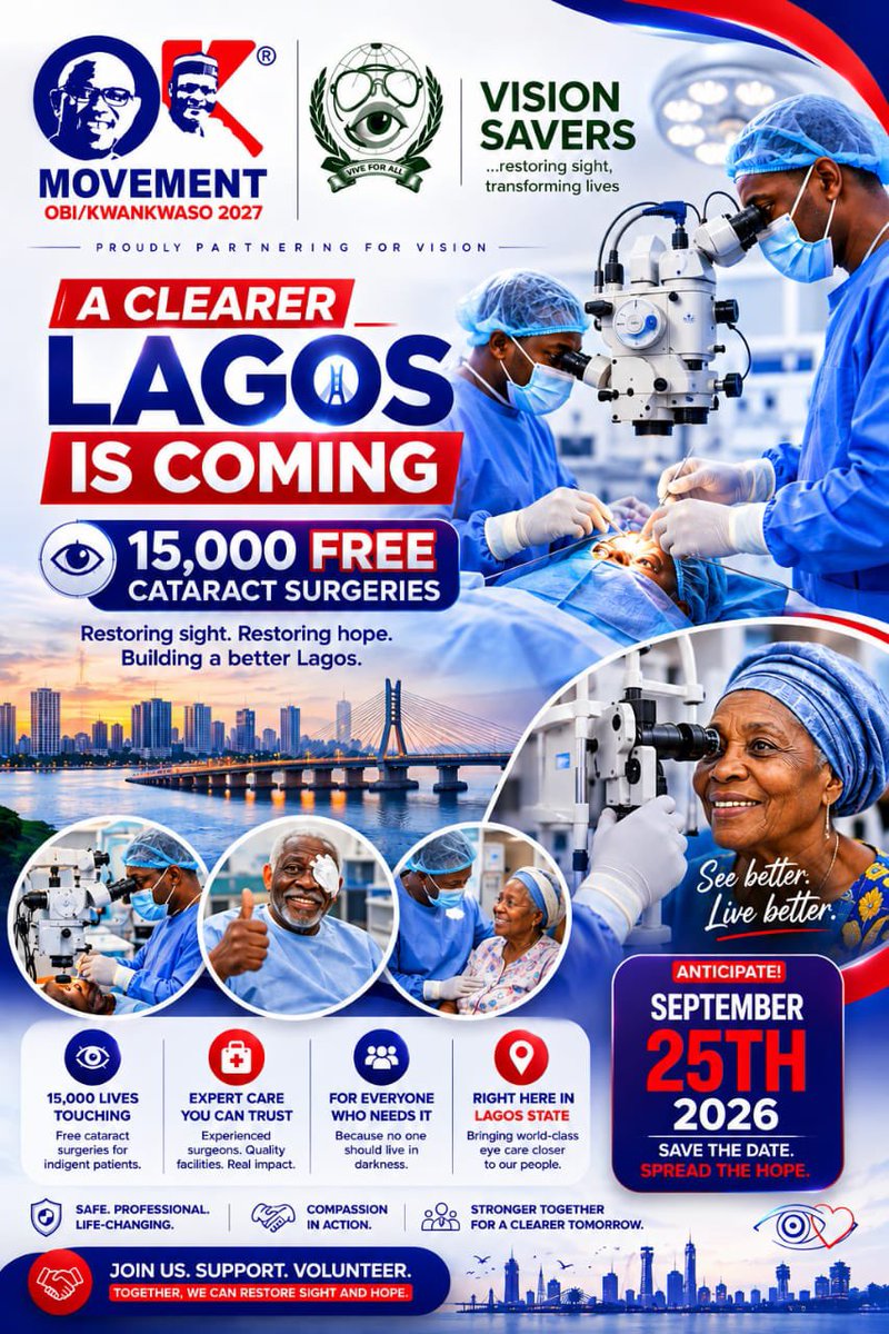OKMOVEMENT_OFF's tweet photo. FREE CATARACT SURGERY!!! LOADING!! 

Cataract is one of the leading causes of blindness in Nigeria, accounting for about 43% of blindness.

The OK MOVEMENT, in collaboration with Vision Savers, led by Sarkin Fulani, Dr. Mohammed Kamal, an ophthalmologist, will be conducting free cataract surgeries , giving free glasses shortly after the screening exercise.

Details of the screening and surgery will be published soon.

NIGERIA WILL BE OK!!! 🇳🇬