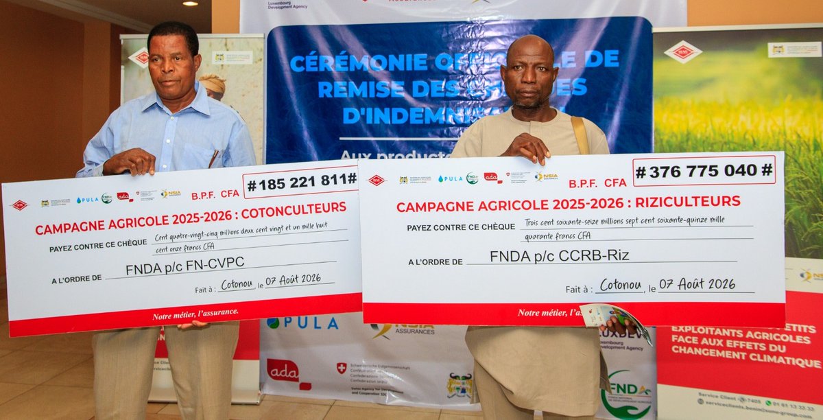 LuxDev_HQ's tweet photo. 🇧🇯 - Plus de 560 millions FCFA d’indemnités versées aux petits exploitants agricoles sinistrés au #Bénin grâce à l’assurance agricole à indice de rendement soutenue par le programme FIINOV.
🎯 Objectif : renforcer la résilience des producteurs face aux aléas climatiques.

#LuxAid https://t.co/ki88deFzS6