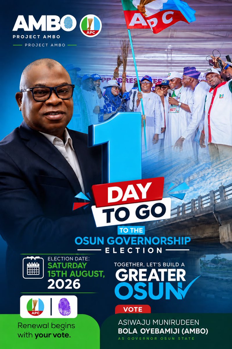 wale_tolu40768's tweet photo. THE FINAL COUNTDOWN IS ON! ⏳🔥
Just 1 day until Osun heads to the polls. History is about to be written. Let it be peaceful, free and fair.

#OsunDecides2026 #ForwardWithAMBO #BetterWithAMBO #ANewOsunWithAMBO https://t.co/J92rPBLtKa