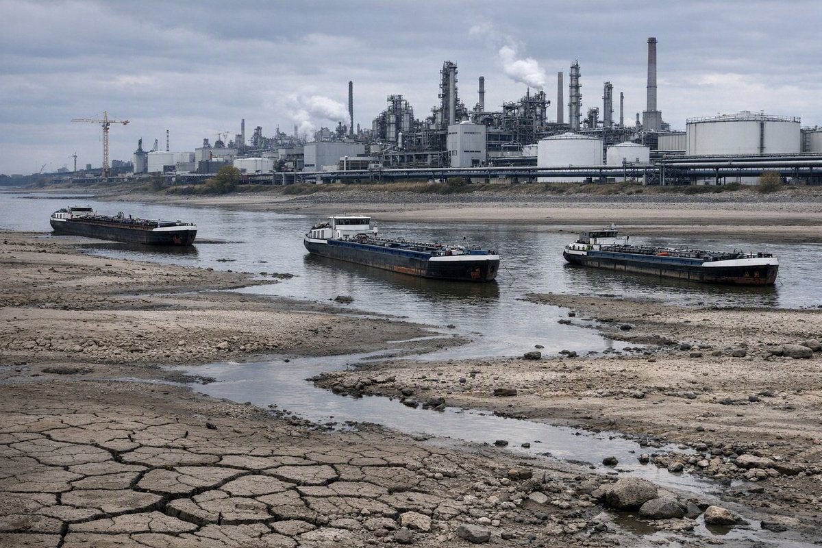 VIBSoftware's tweet photo. Historisch lage waterstand Rijn legt chemiesector lam https://t.co/KoDAD1HLO5 Beeld: KI-gegenereerd #Klimaatverandering #Droogte #Rijn #Kaub #laagwater #Chemiesector #Binnenvaart #Proceskoeling #Transportkosten #Bulkchemicaliën #EconomischeImpact https://t.co/5WXfWc1rOy