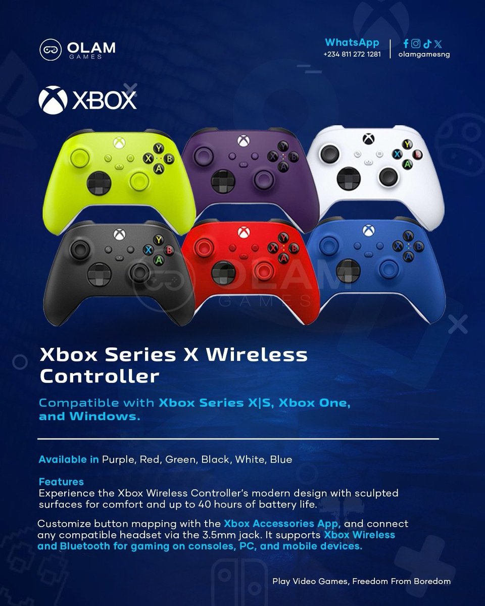 OlamgamesNG's tweet photo. Enhance your gameplay with precision and comfort using the Xbox Wireless Controller

To order, DM us @OlamgamesNG 

WhatsApp: https://t.co/EzBJW9VwuA

Nationwide Delivery 🚚

#XboxWirelessController https://t.co/v1PqhDgLCH