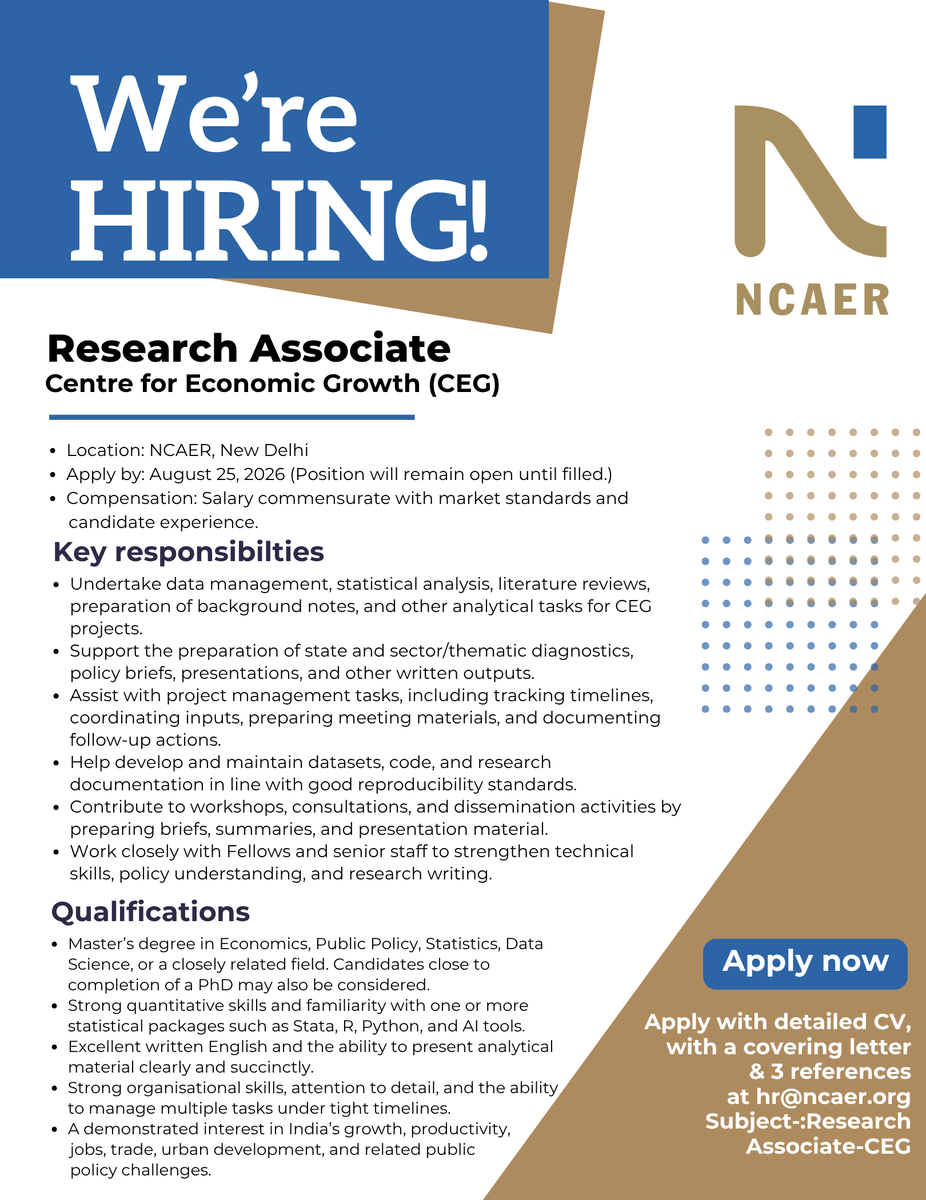 ncaer's tweet photo. Join NCAER’s Centre for Economic Growth (CEG) as a Research Associate and contribute to policy-oriented research through data analysis, research, diagnostics and evidence-based policy work on India’s growth, productivity, jobs, trade and urban development.

Apply here: https://t.co/LNPaOwEtop
