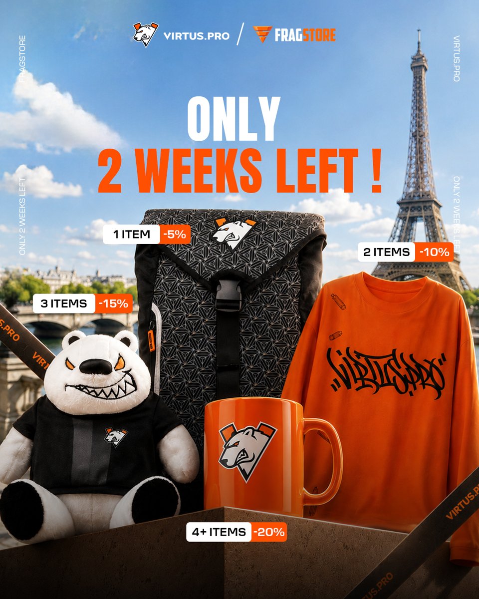 virtuspro's tweet photo. Two weeks left to grab the drip 🕑

Cop the merch now: the more you grab, the bigger the discount.

🔸 1 item = 5% OFF
🔸 2 items = 10% OFF
🔸 3 items = 15% OFF
🔸 4+ items = 20% OFF

Don't sleep, gear up before the promo's out 👇🏻

#GOGOVP https://t.co/IxG0FVwBm2
