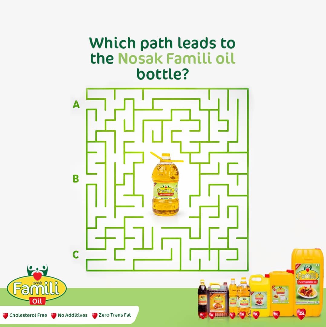 NosakFamili's tweet photo. What's the correct pathway?🤭
A, B or C?
#NosakFamiliOil #FridayChallenge #puzzle https://t.co/ryBCdbnmxF