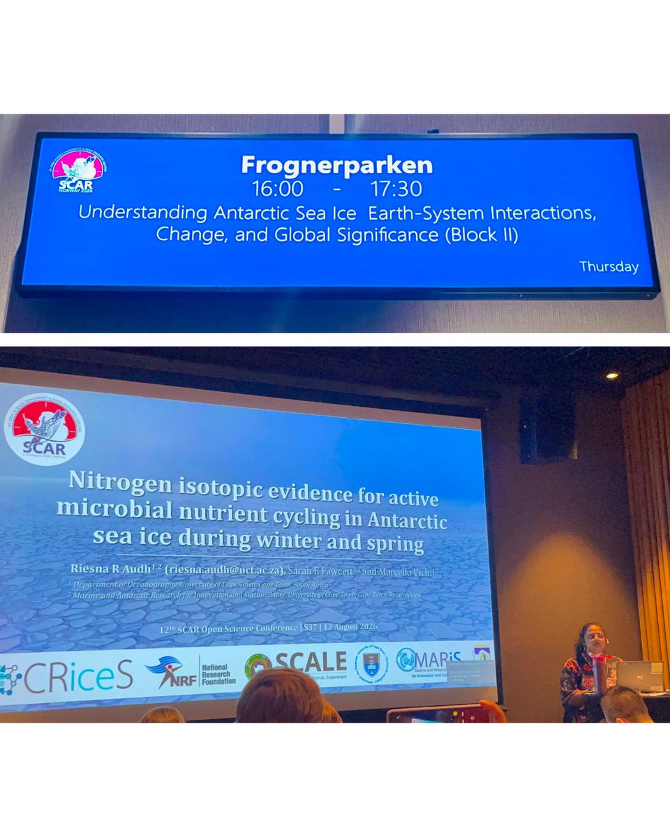 sapri_dsti's tweet photo. 🇿🇦🇦🇶SAPRI is making waves at the #SCAR Open Science Conference 2026 in Norway.  

 Dr Riesna R. Audh presented cutting edge research, advancing our understanding of seasonal sea ice in the Antarctic Marginal Ice Zone.
@MARIS_UCT @apecssa @riesna19 @NRF_News
#SANAP #PolarResearch https://t.co/3wGGv02D2G
