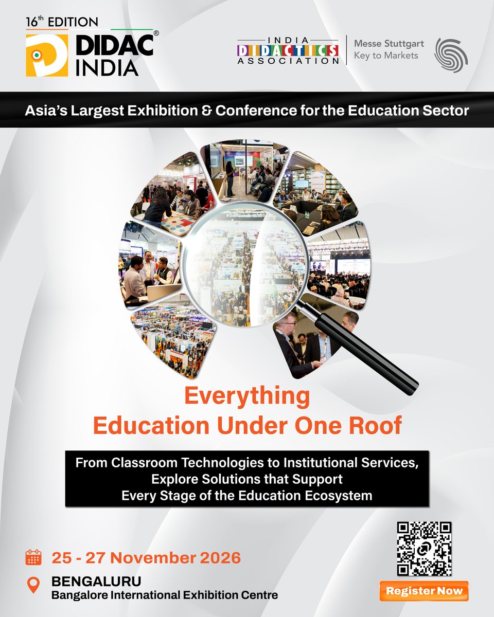 DidacIndia's tweet photo. From classroom technologies to institutional services, Didac India 2026 brings together every solution shaping the future of learning - all in one place.

📅 25 - 27 November 2026
📍 Bangalore International Exhibition Centre, Bengaluru

https://t.co/ylymLWlc67

#DidacIndia2026 https://t.co/uotojwaOvs