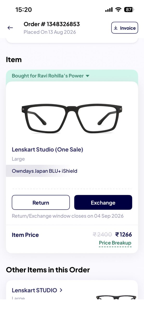 ravirohillla's tweet photo. @Lenskart_com @Lenskart_com the lenses I chose were of 3600rs japan ishield+ something. In order it is showing owndays normal vision. Why? 
Frame was of 3000MRP with one on one free.order shows 1200 only.why

The maths is not adding up for me! Or am I too dumb to understand this. https://t.co/iikDIVq26R