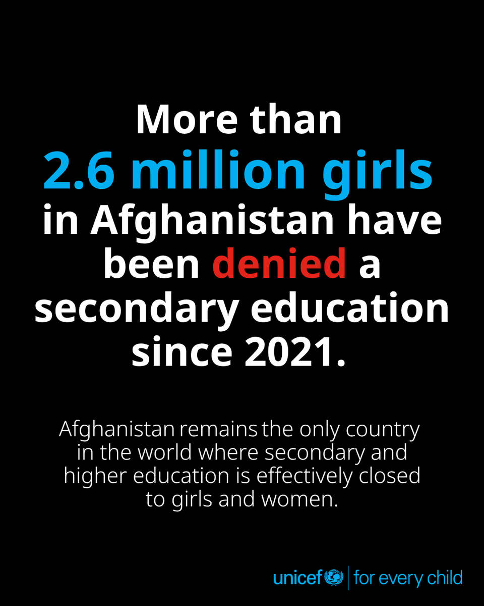 UNICEF's tweet photo. Girls in Afghanistan have been barred from formal education beyond grade six since September 2021, and women from universities since December 2022.  

"UNICEF calls on the de facto authorities to lift the restrictions on education and allow all girls and women to return to schools and universities immediately," - @unicefchief

Read more: https://t.co/aSl4eCthti