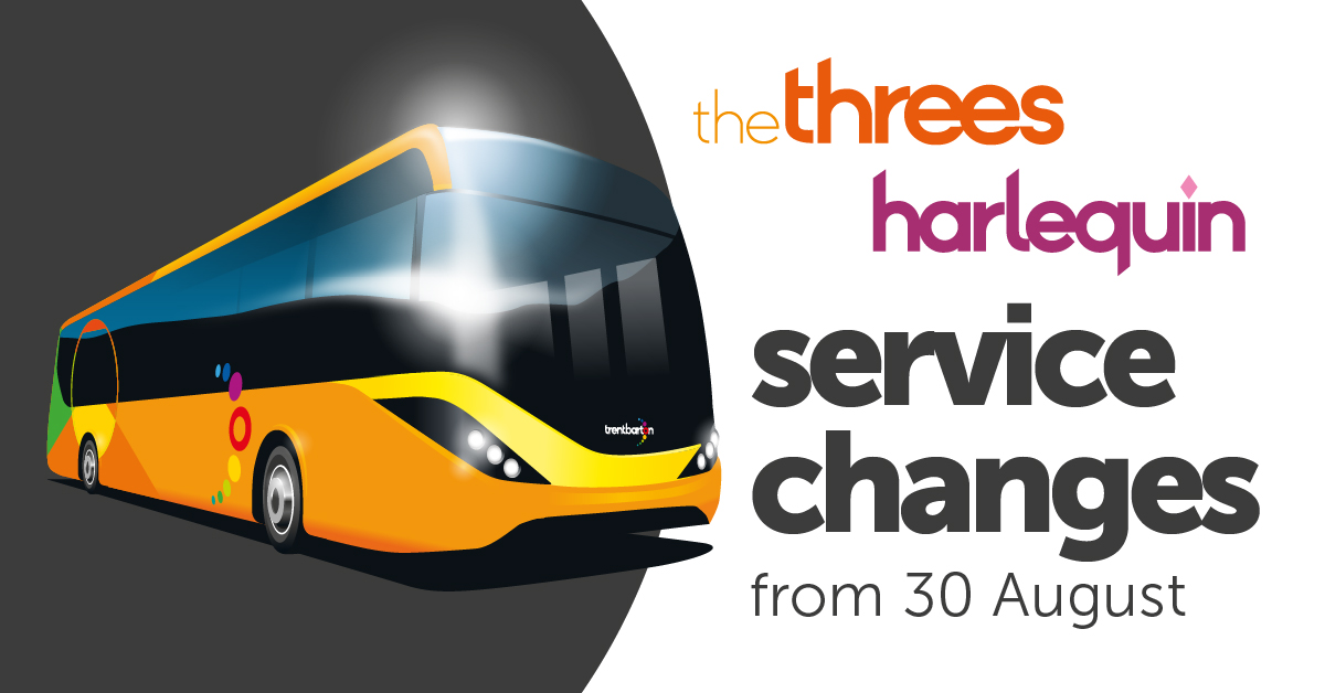 trentbartonland's tweet photo. โฐ timetable changes from 30 August
From Sunday 30 August, we'll be making changes to the #thethrees and #harlequin timetables.
Tap for more info ๐ https://t.co/xQqez1r8Yt https://t.co/XaPozMZwdC