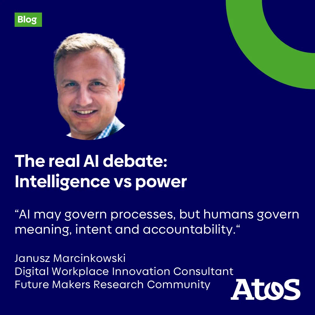 Atos blog article The real AI debate: Intelligence vs power. there is a headshot of the author with 