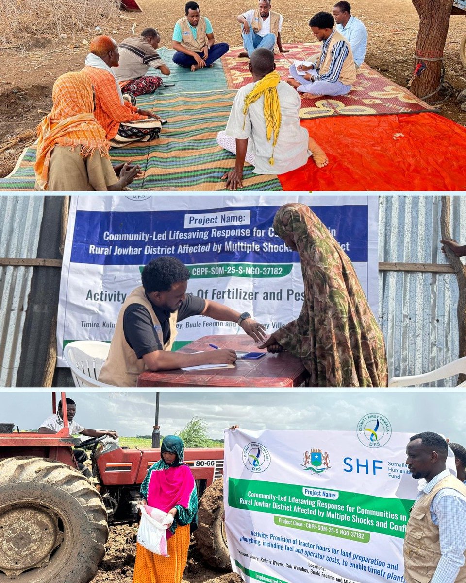 DFSSomalia's tweet photo. With support from the Somalia Humanitarian Fund (SHF), Dignity First Somalia (DFS) implemented a community-led lifesaving response for communities in rural Jowhar District affected by multiple shocks and conflict.

Across Timire, Cali Waraabey, Kulmis-Weyne, Maciye Tuurey, and Buulo-Feermo, the project supported communities through Cash for Work, land preparation and ploughing, agricultural seed and farm tool distribution, fertilizers and other agricultural inputs, and pre-harvest crop monitoring.

These interventions supported flood mitigation, restored crop production, and strengthened livelihoods across the five target locations.

We sincerely thank the communities and local stakeholders for their participation and collaboration throughout the project.
#DFS #Somalia #Jowhar
#FoodSecurity #Livelihoods #HumanitarianResponse 
#SHF #OCHA @shf_somalia  @OCHASom