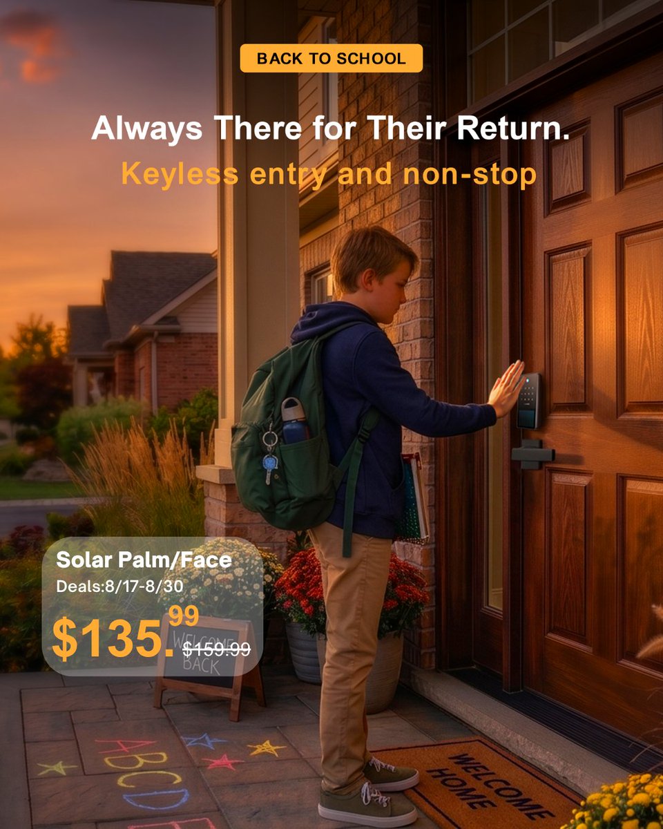 Lockin_global's tweet photo. Upgrade your front door for the new school year! 
No key search. No battery anxiety. Just seamless solar-powered entry for the whole family. 
LIMITED-TIME BTS SALE IS LIVE! 
Save 15% OFF on Lockin Veno Solar from August 17th to August 23rd!
Link in bio to shop tomorrow and save 15%! Don't wait—this deal ends August 23! 
#Lockin #SmartLockDeal #BackToSchooldeal #SolarPower #TechGadgets #SmartHome #AmazonDeals #HomeUpgrade #Lockin #VenoSolar
