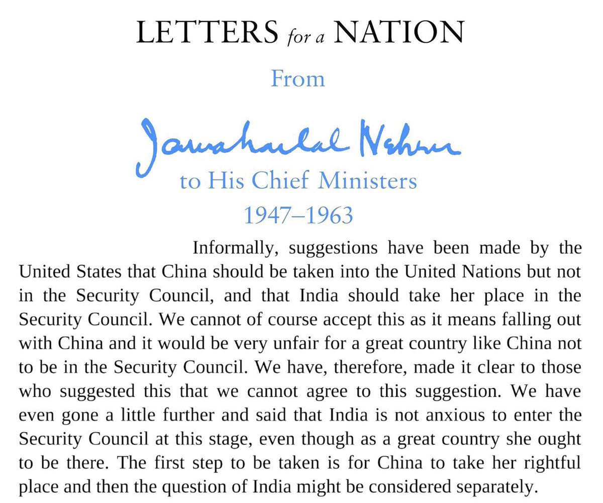 ARanganathan72's tweet photo. Suggestions have been made by the United States that India should take China's place in the Security Council. We cannot of course accept this as it means falling out with China and it would be very unfair for a great country like China not to be in the Security Council. - Nehru https://t.co/PmKP4Kp3MG