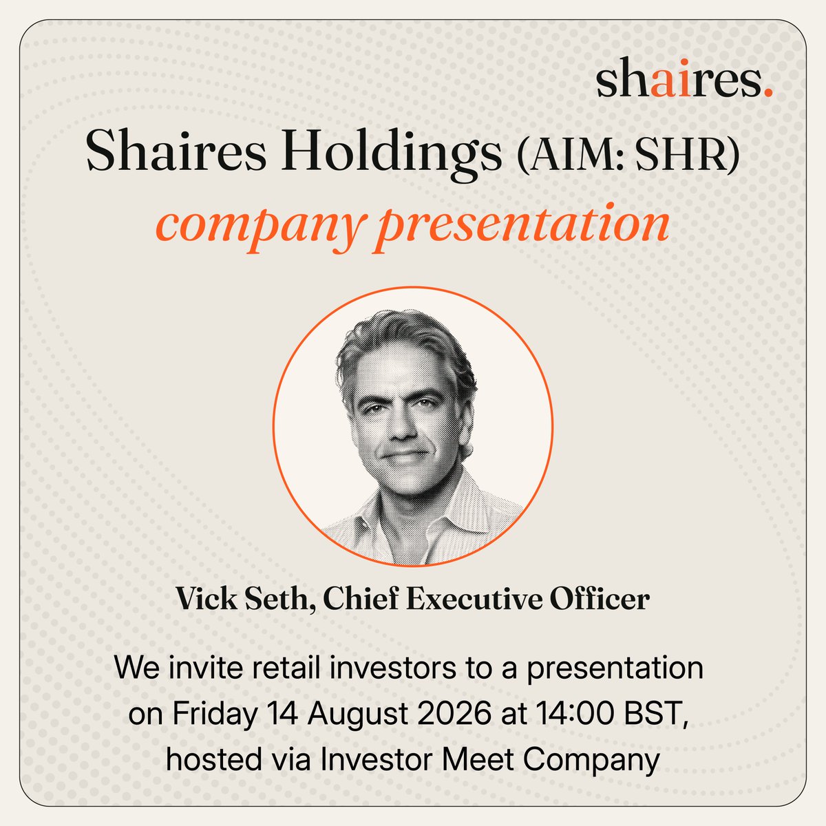 ShairesHoldings's tweet photo. Join us for an Investor Meet Company presentation. @vickseth, CEO, will host an online presentation for existing and potential shareholders, providing an opportunity to learn more about the Company, its strategy, and its plans for growth.

Register here: https://t.co/b0s5Q4o6Vt https://t.co/6CMcbJjnzt
