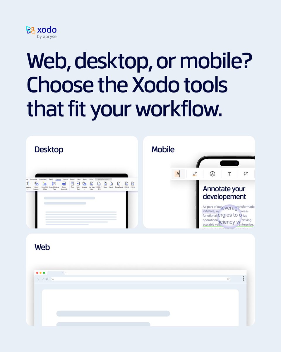 XodoPDF's tweet photo. Different PDF tasks need different tools.

Use Xodo Web for quick browser edits, PDF Studio for advanced desktop work, and Xodo Mobile when you’re on the go.

Choose the setup that fits how you work: https://t.co/nFlk9MUzM9

#Xodo #PDFtools #Productivity https://t.co/7dHwrY4MV2